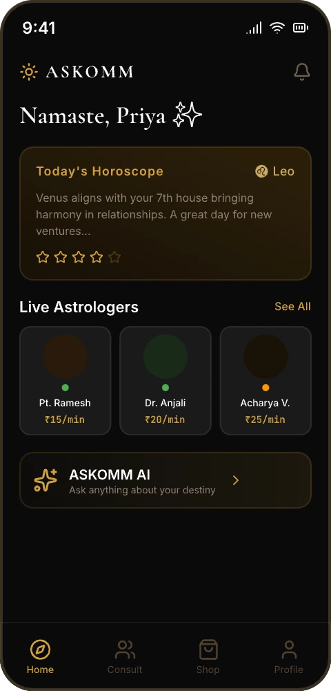 askOmm app on iOS showing kundali and consultation features