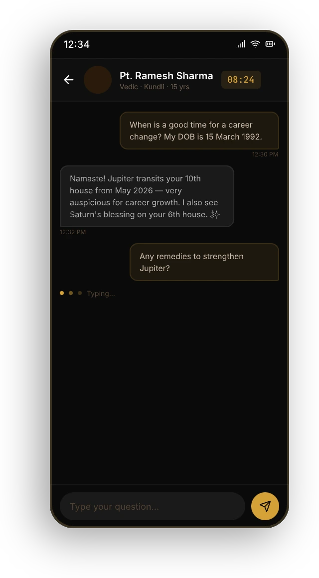 askOmm app on Android showing daily horoscope and puja booking